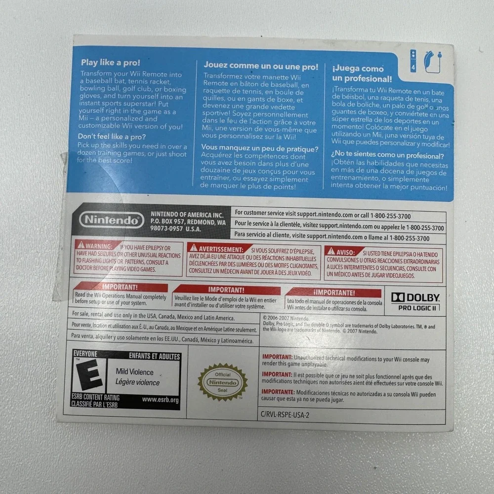 Nintendo Wii Sports Video Game Disc Manual and Cardboard Sleeve CIB